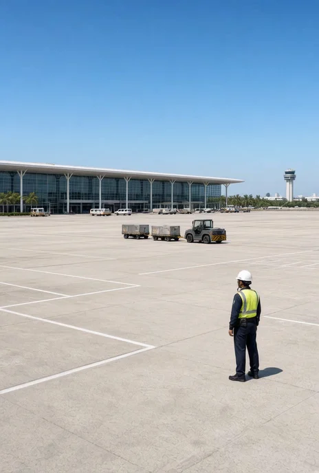 Daylight airport apron with baggage carts, service vehicles and a high-visibility coordinator