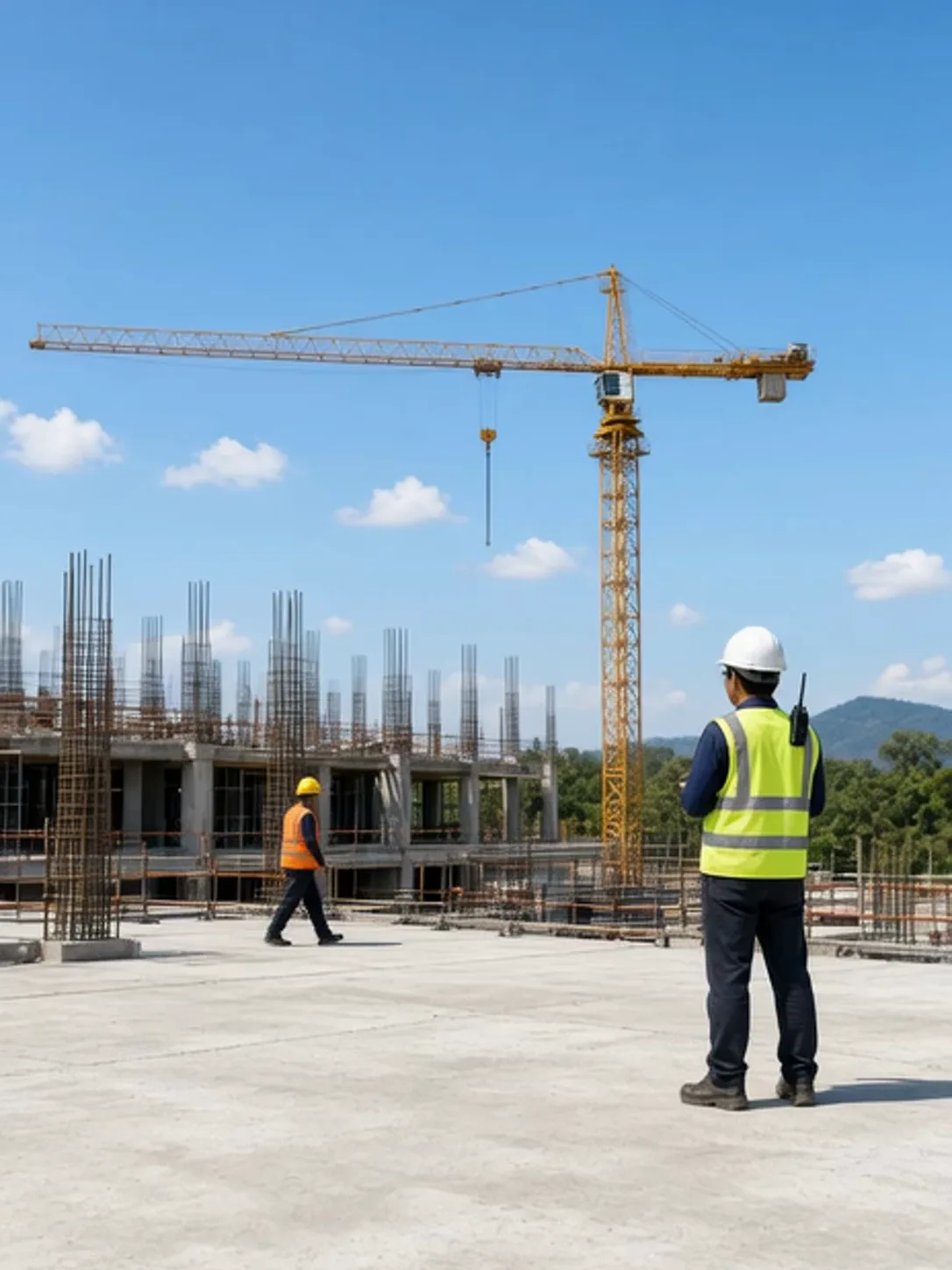 Daylight construction site with a coordinator, concrete floors and a tower crane