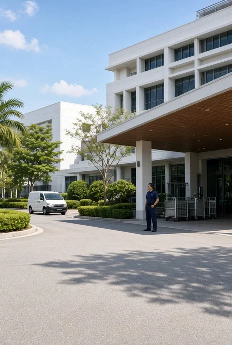 Daylight hospital service entrance with a facilities coordinator and service carts