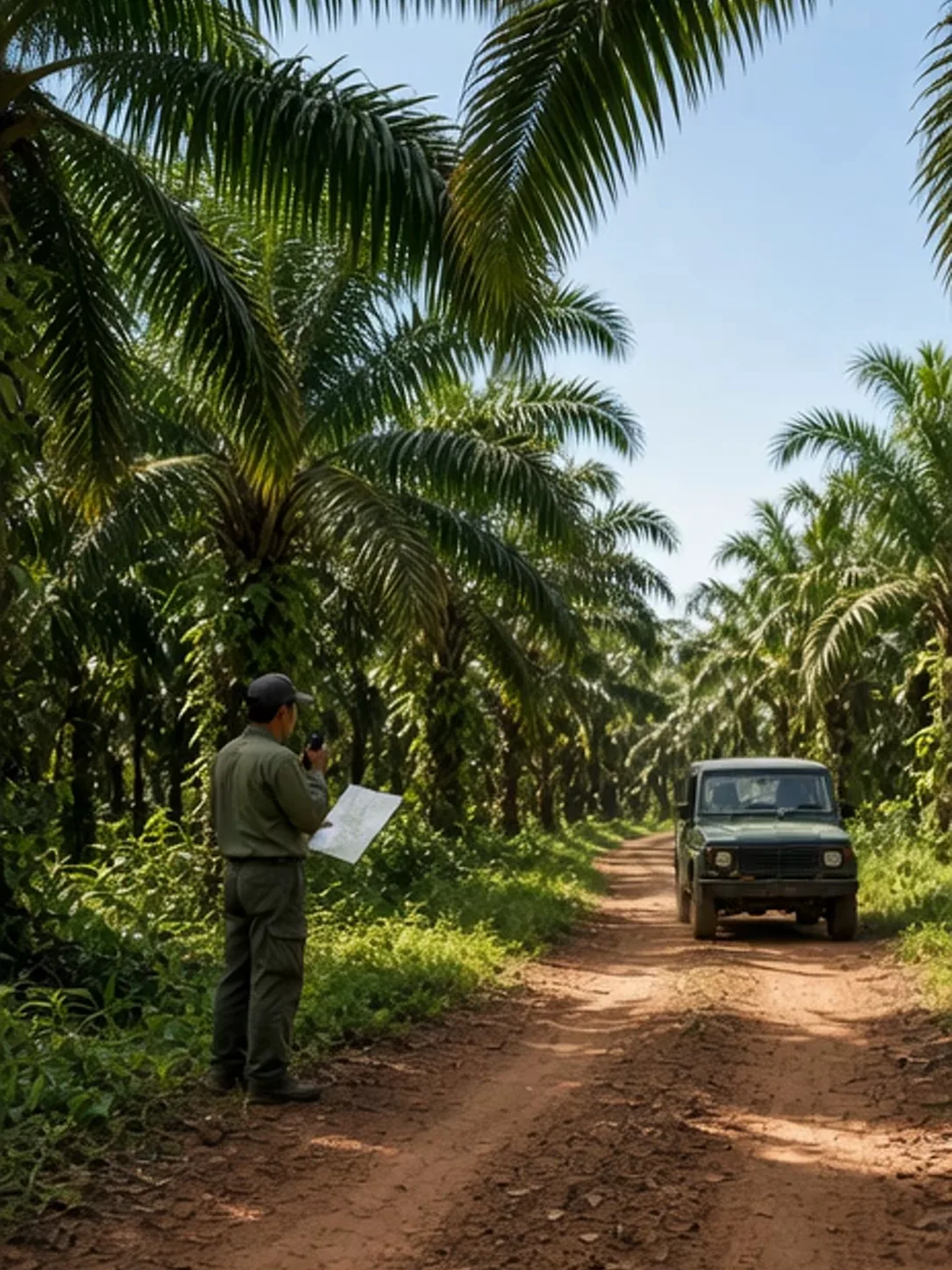 Daylight oil-palm estate road with a utility vehicle and field coordinator