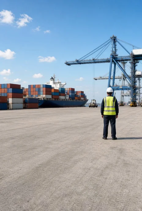 Daylight container terminal with a high-visibility coordinator and ship-to-shore crane