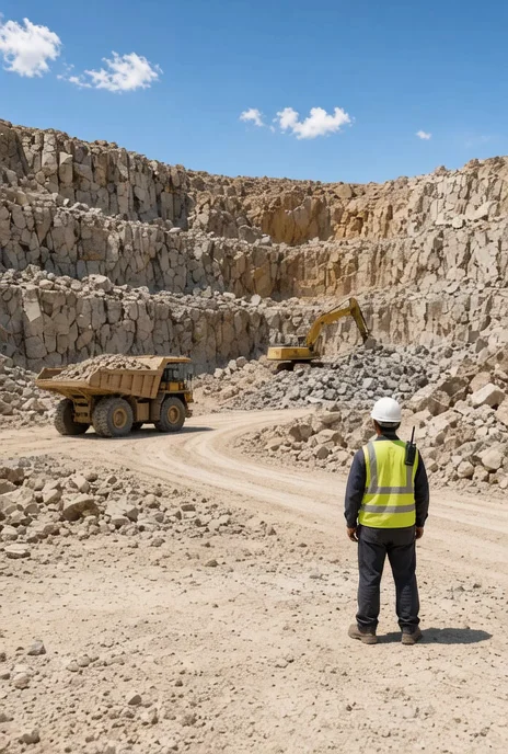 Daylight granite quarry with a haul truck, excavator and high-visibility coordinator