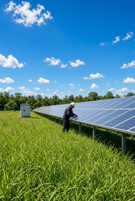 Daylight solar farm with long photovoltaic rows and a field technician using a radio