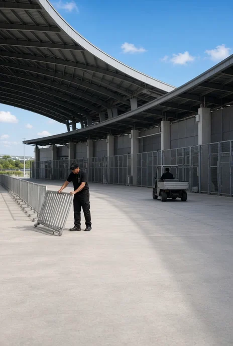 Daylight stadium service concourse with barriers, a utility cart and venue staff