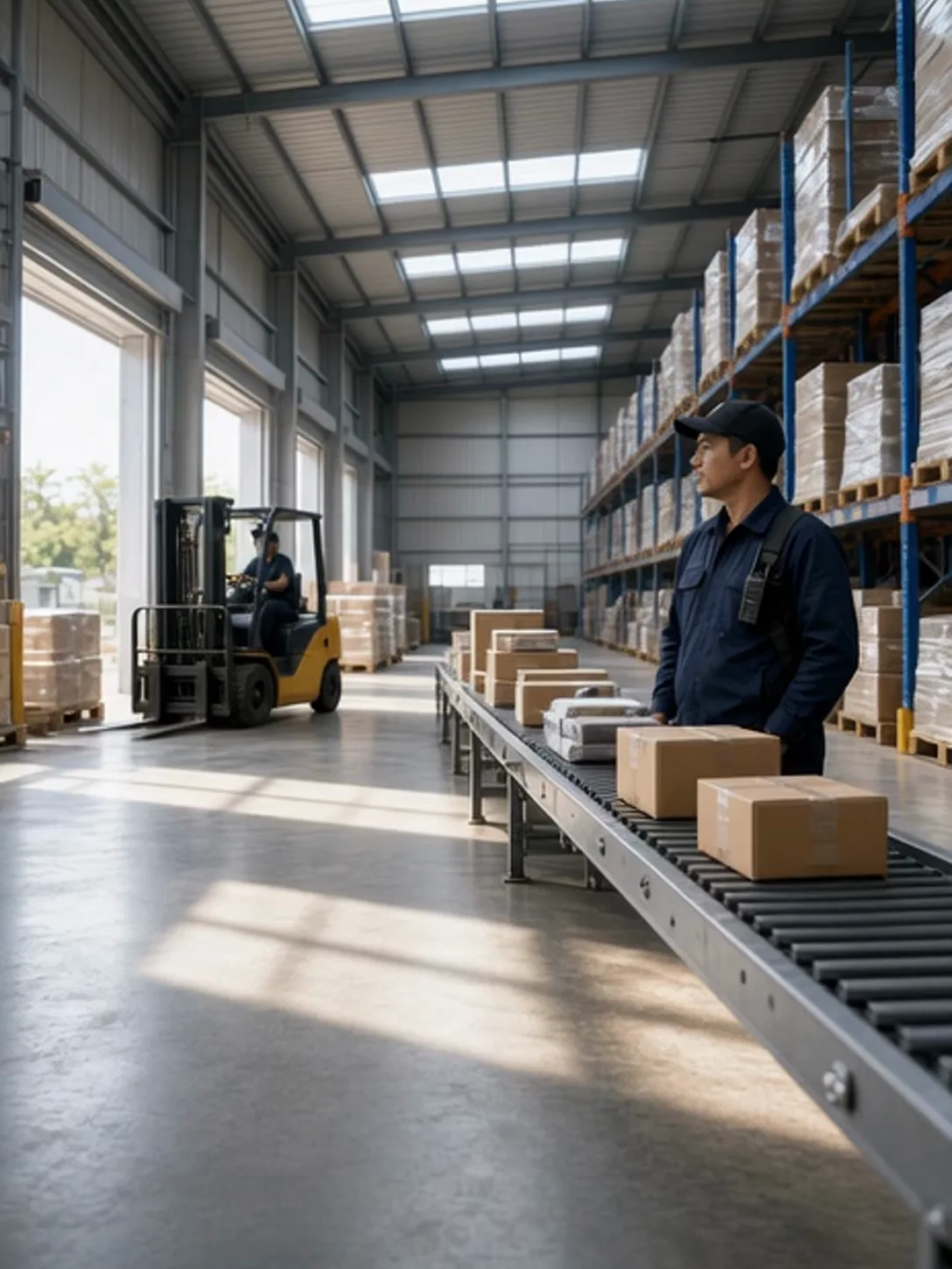 Daylight warehouse loading bay with storage racks and a radio coordinator