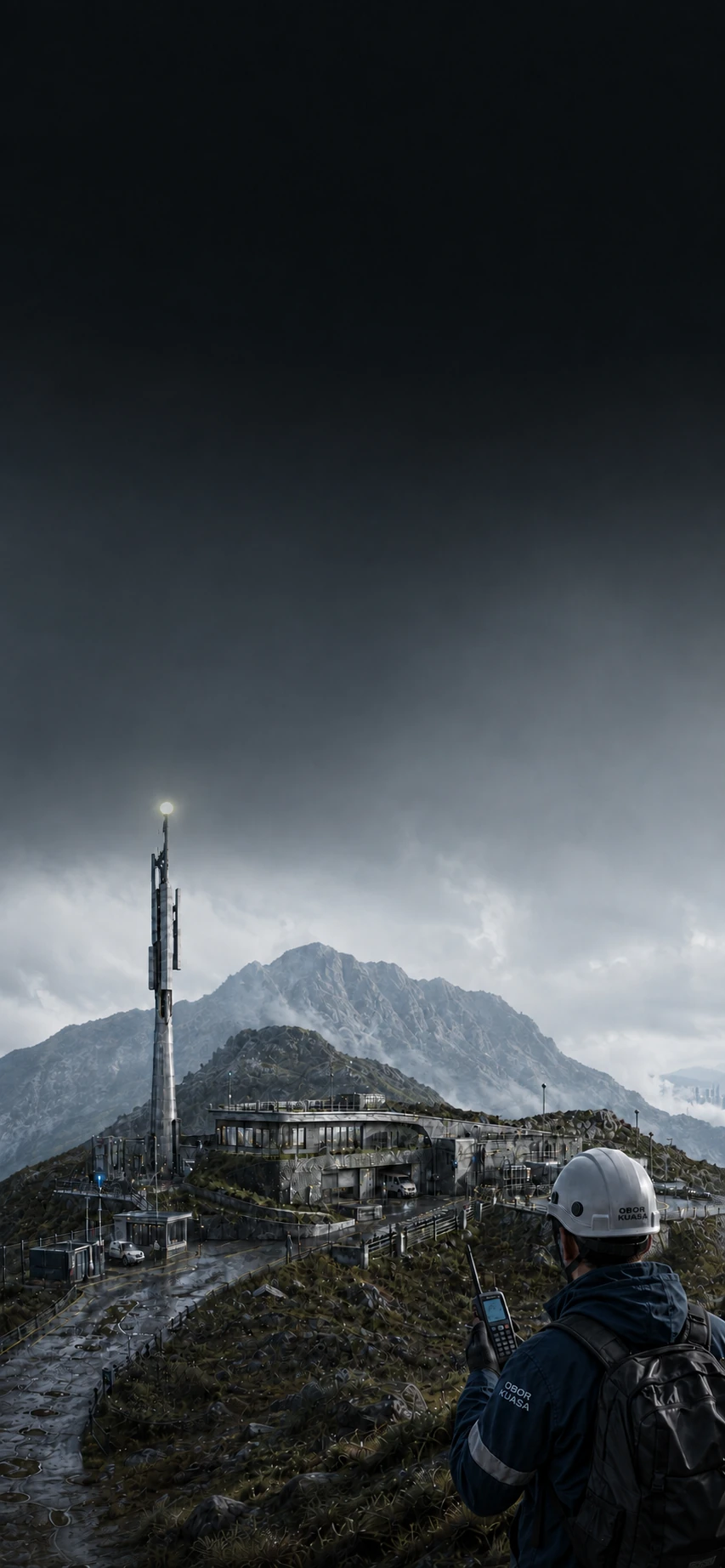 Obor Kuasa field engineer using a radio at a connected mountain operations campus