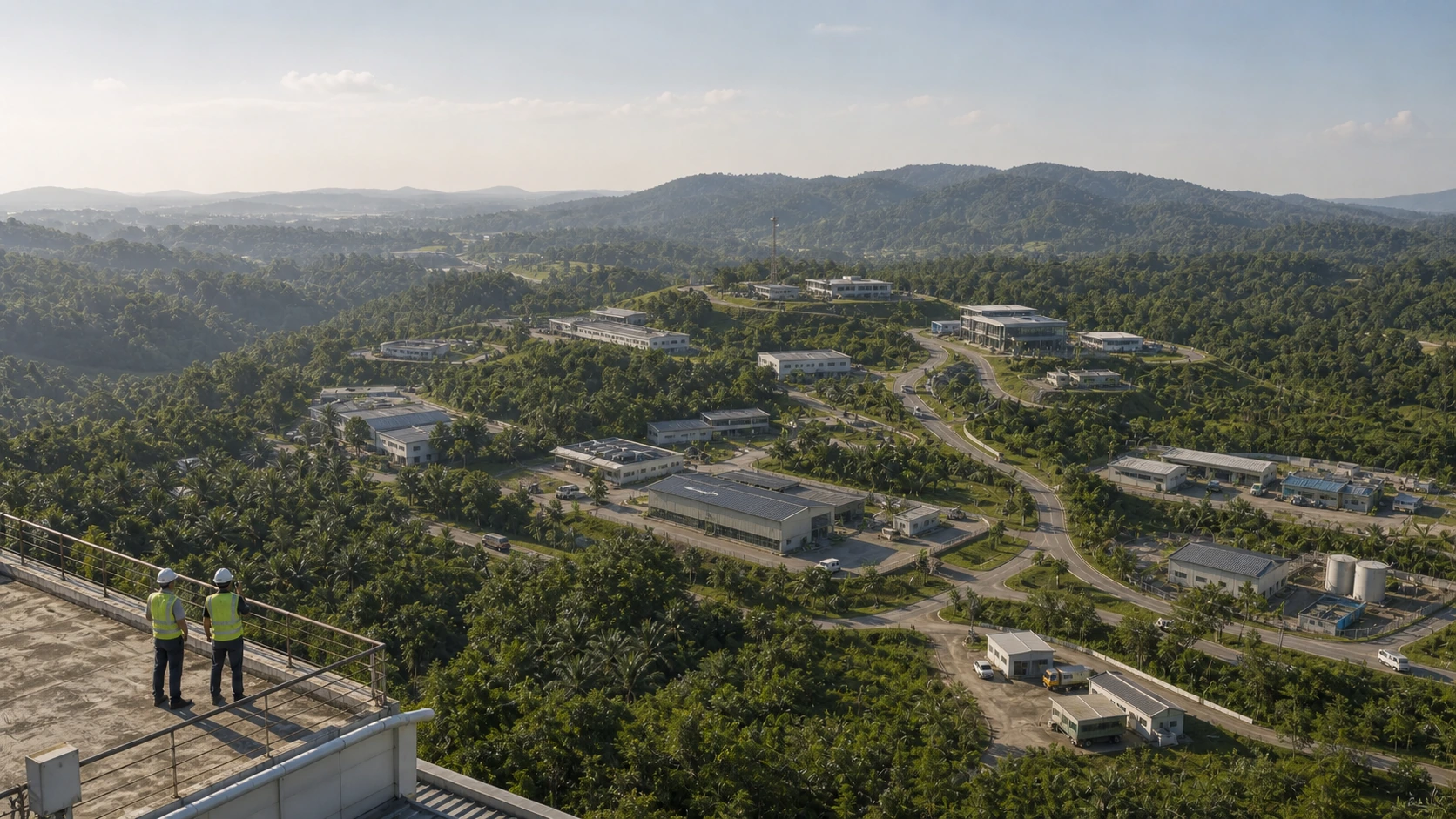 Panoramic facilities campus linking maintenance teams, remote buildings and management operations