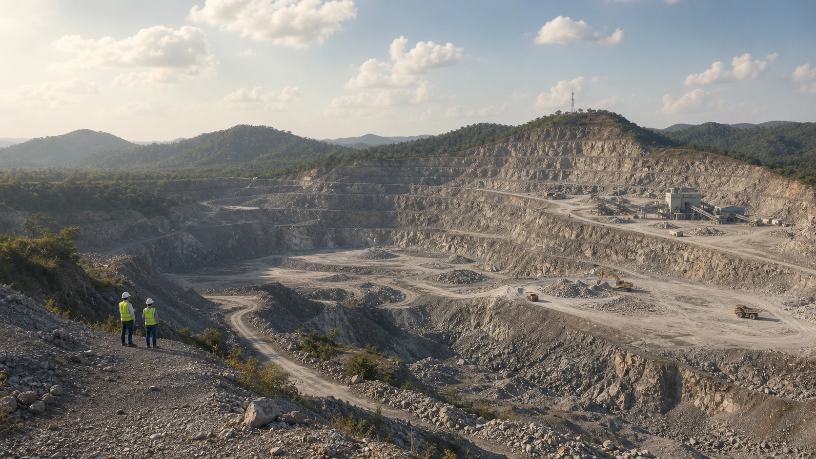 Panoramic limestone quarry linking pit crews, haul routes, ridge relay and dispatch compound