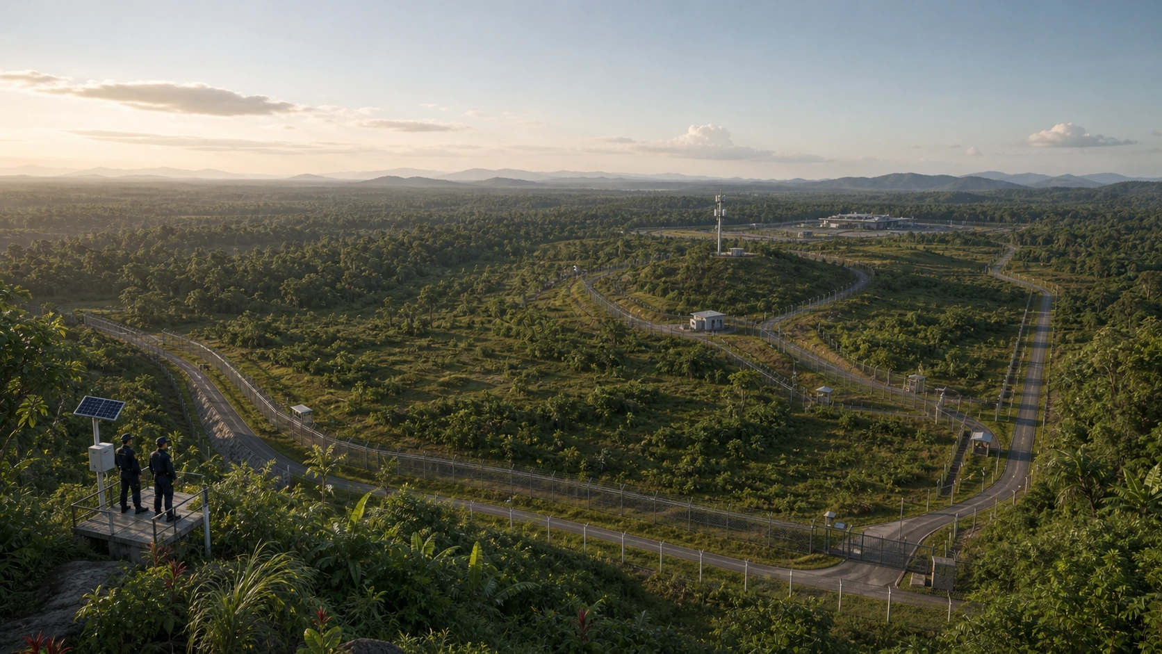 Panoramic critical-infrastructure perimeter linking patrol routes, remote posts and command compound