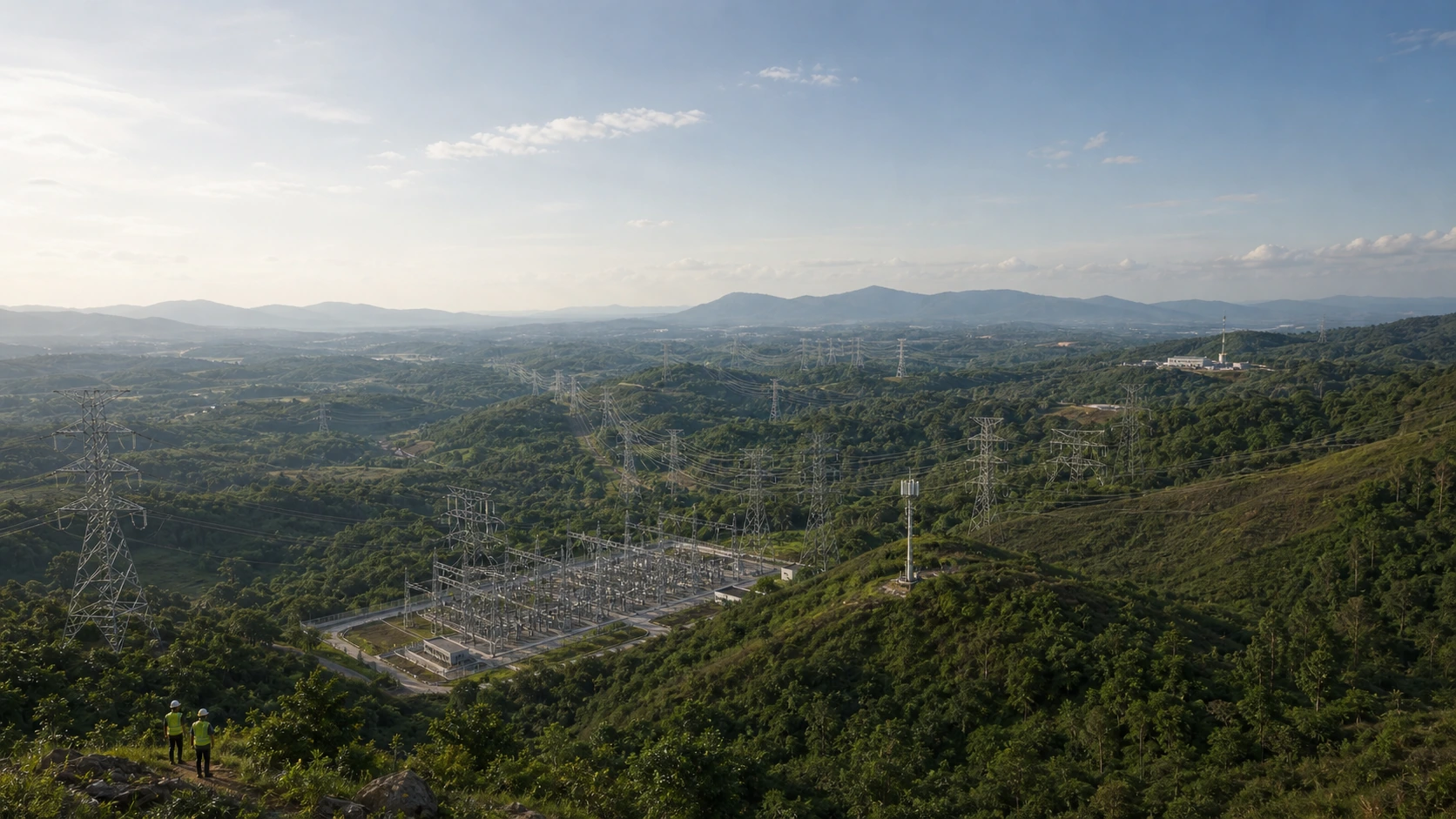Panoramic electrical grid landscape linking a substation, transmission corridor and remote utility sites