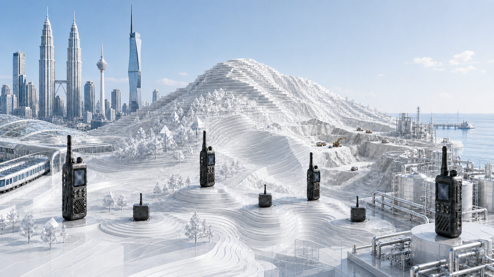 Bright Malaysian digital-twin terrain with Petronas Twin Towers, KL Tower and Merdeka 118 connecting four LoRa handheld radios through three portable relay nodes