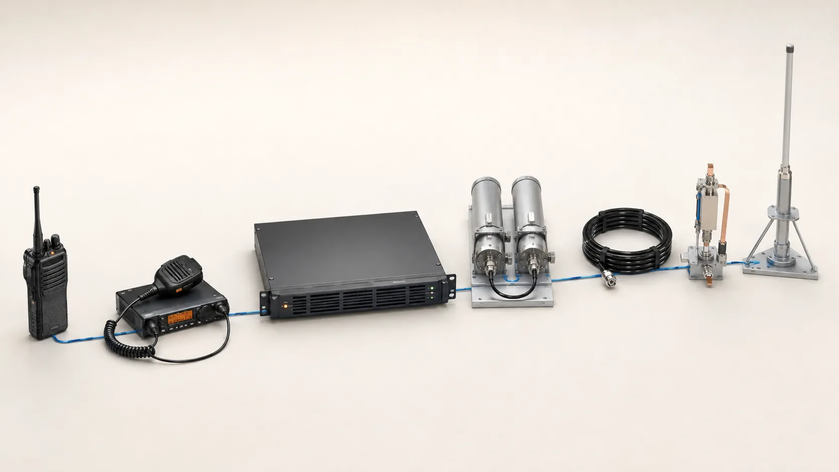 Illustrative radio, repeater, antenna and RF hardware arrangement