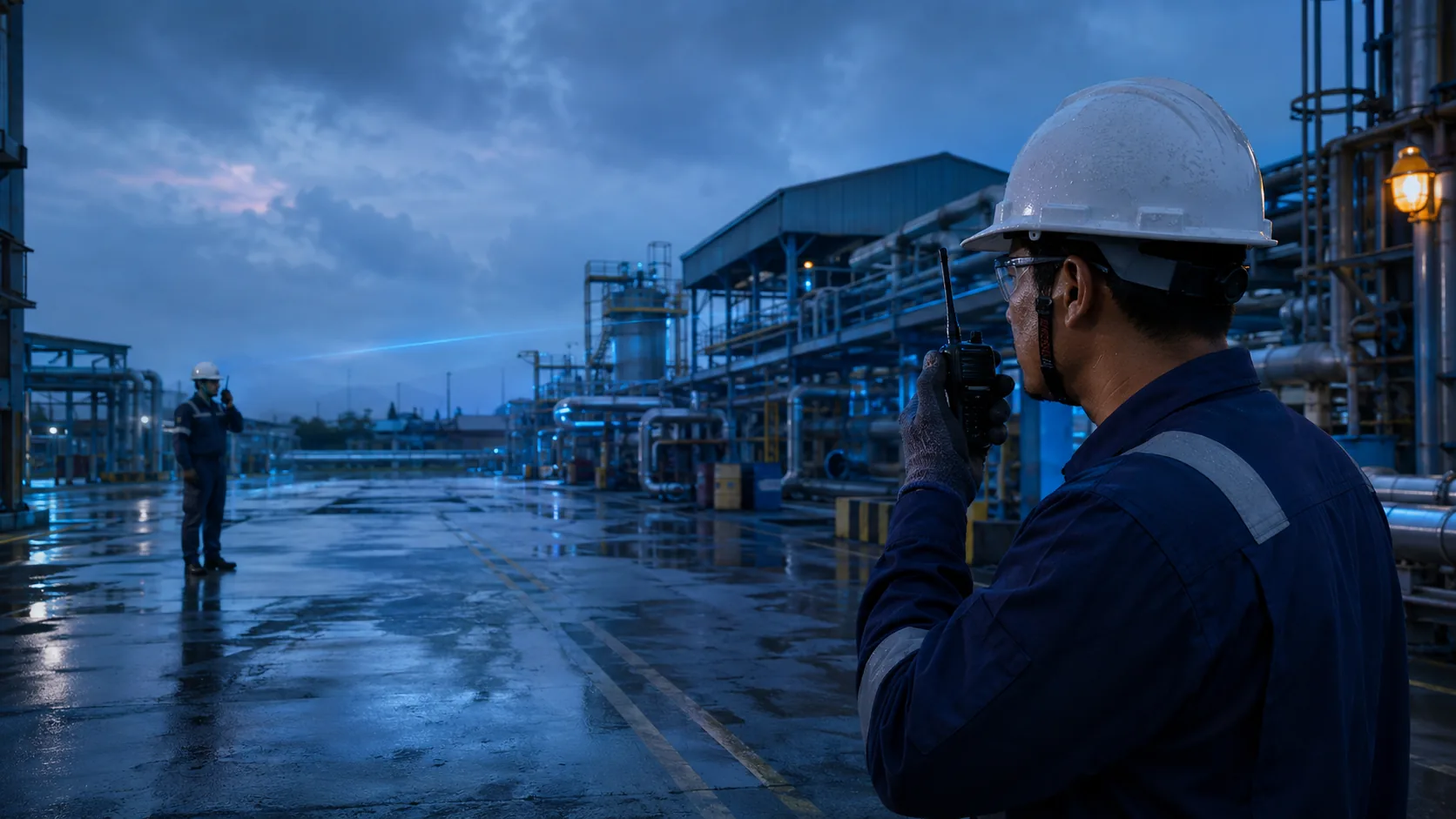 Two industrial workers using handheld radios across a clear direct communication path
