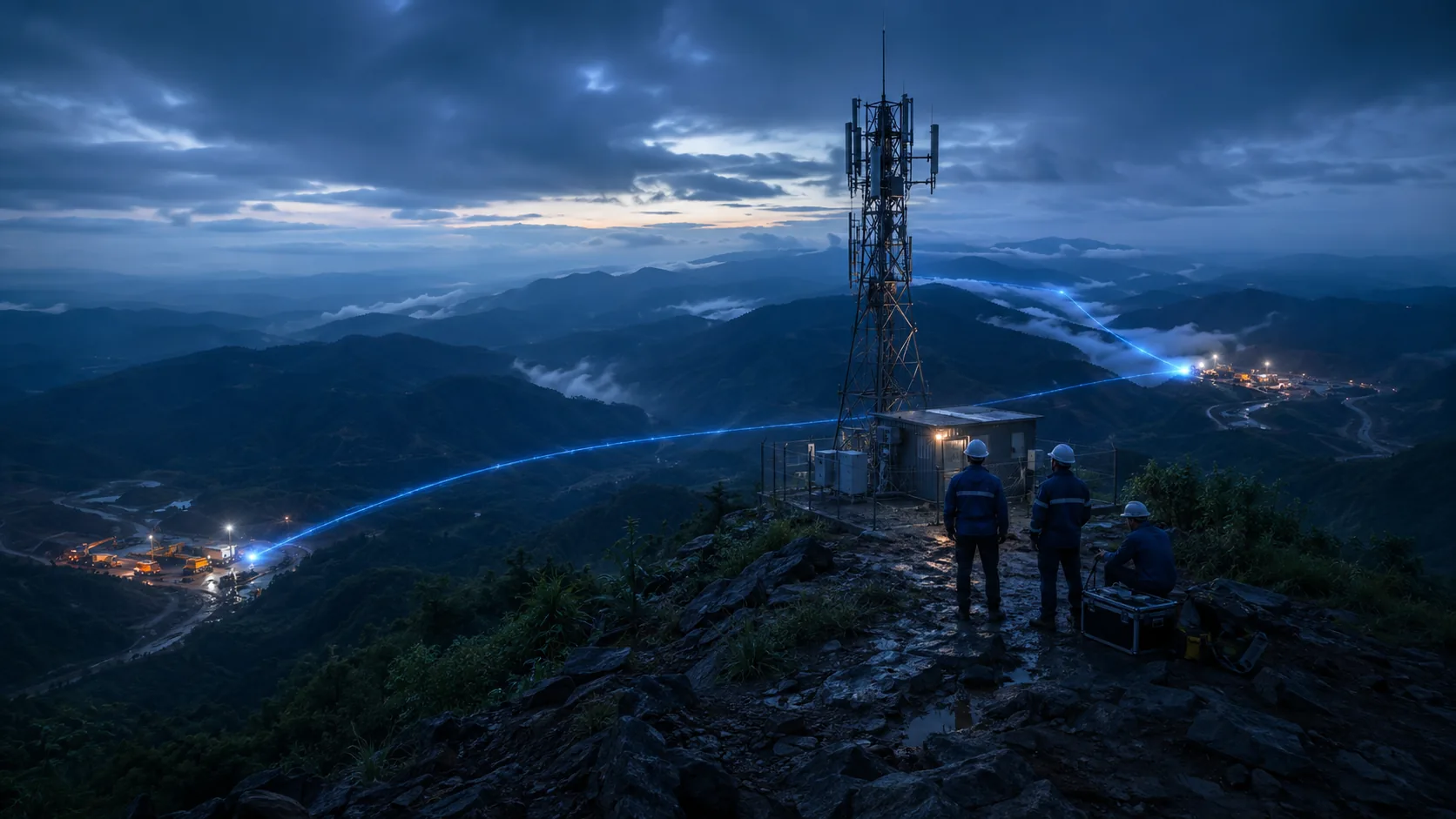 Mountain repeater site connecting work teams across two valleys
