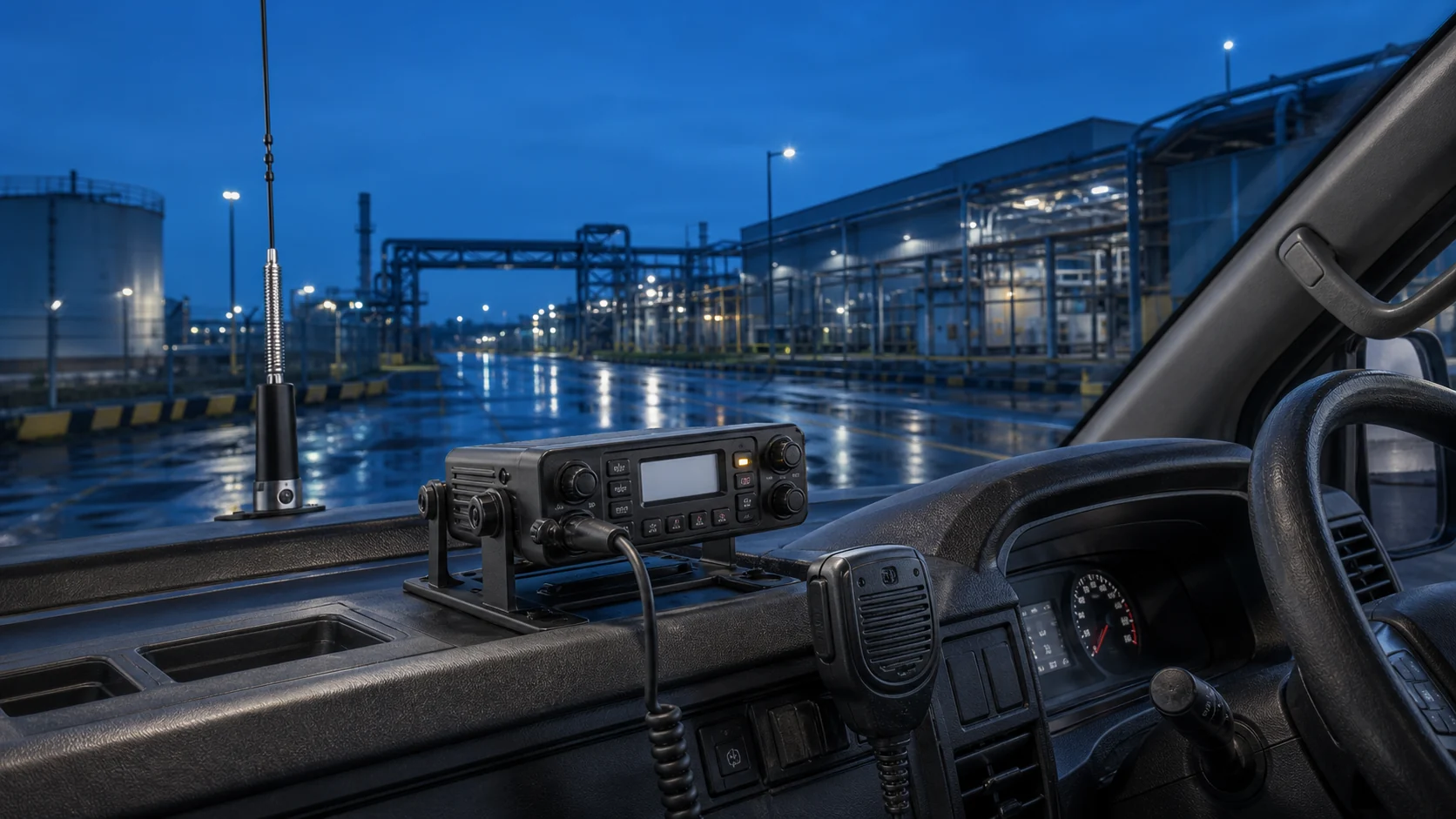 Vehicle-mounted radio and fist microphone operating on a wet industrial access road