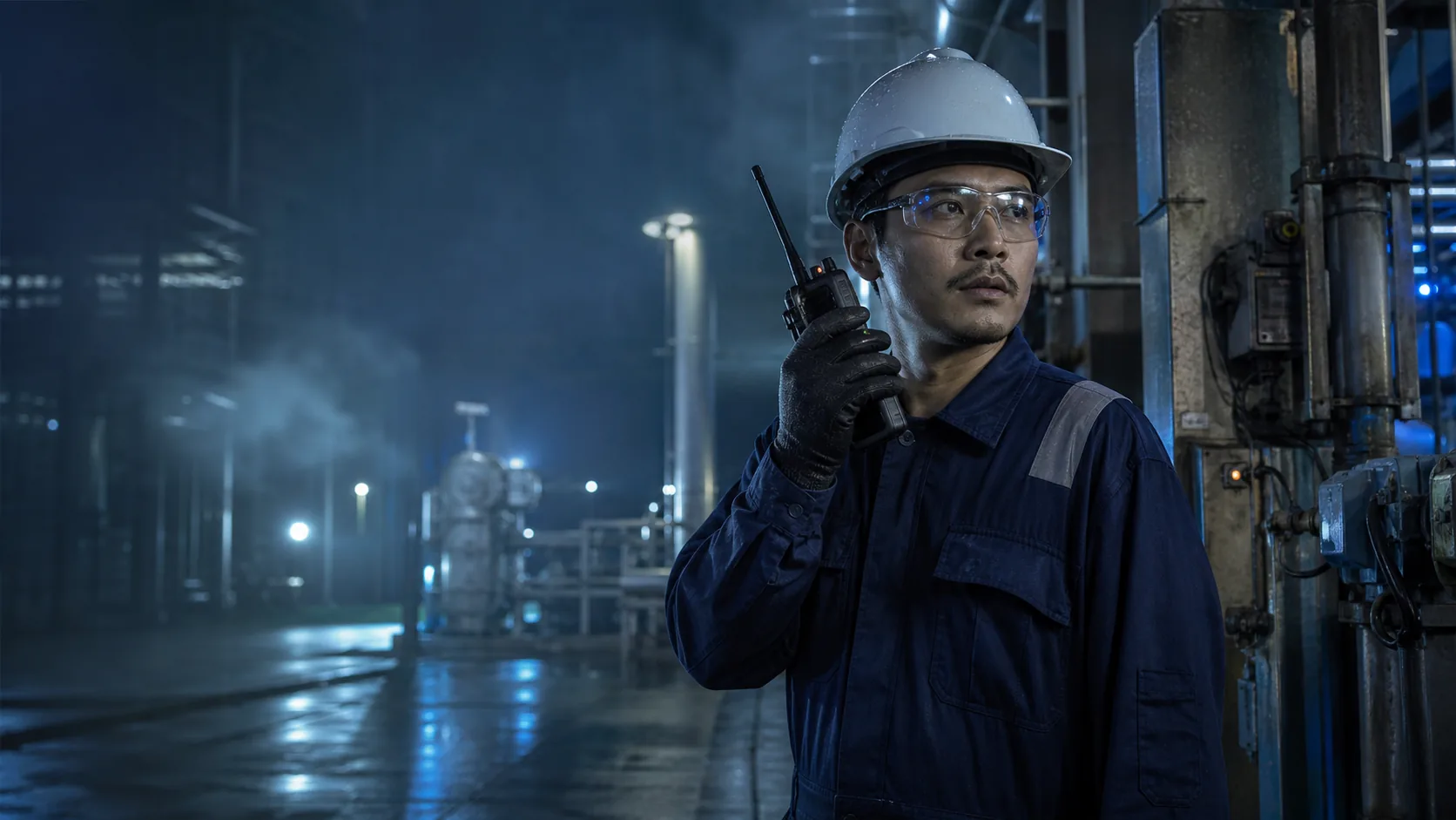 Illustrative industrial worker holding a handheld radio