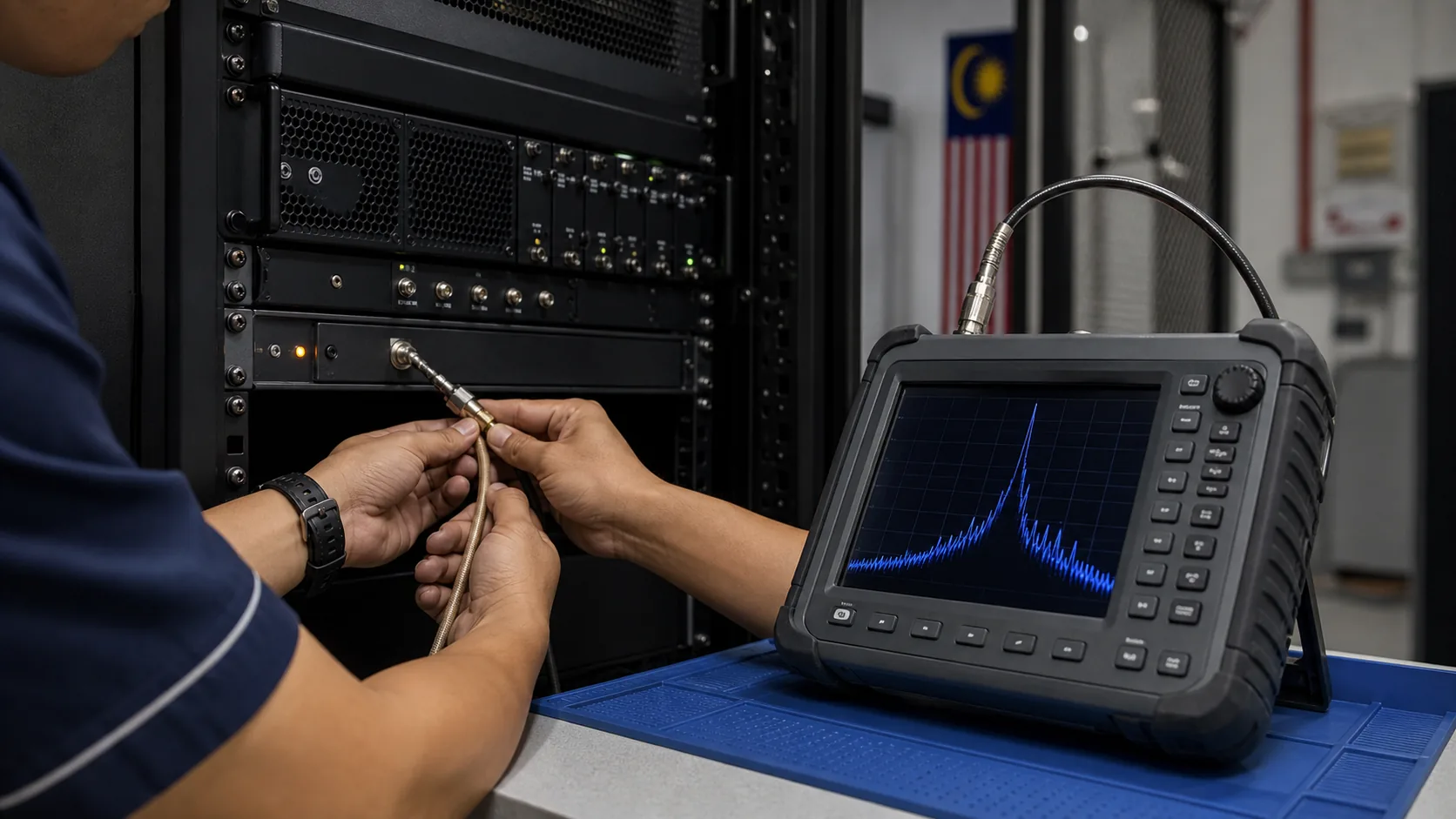 RF analyzer connected to a repeater during commissioning