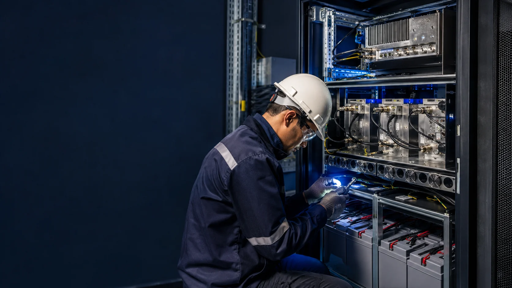 Engineer inspecting the RF path inside an operational repeater core