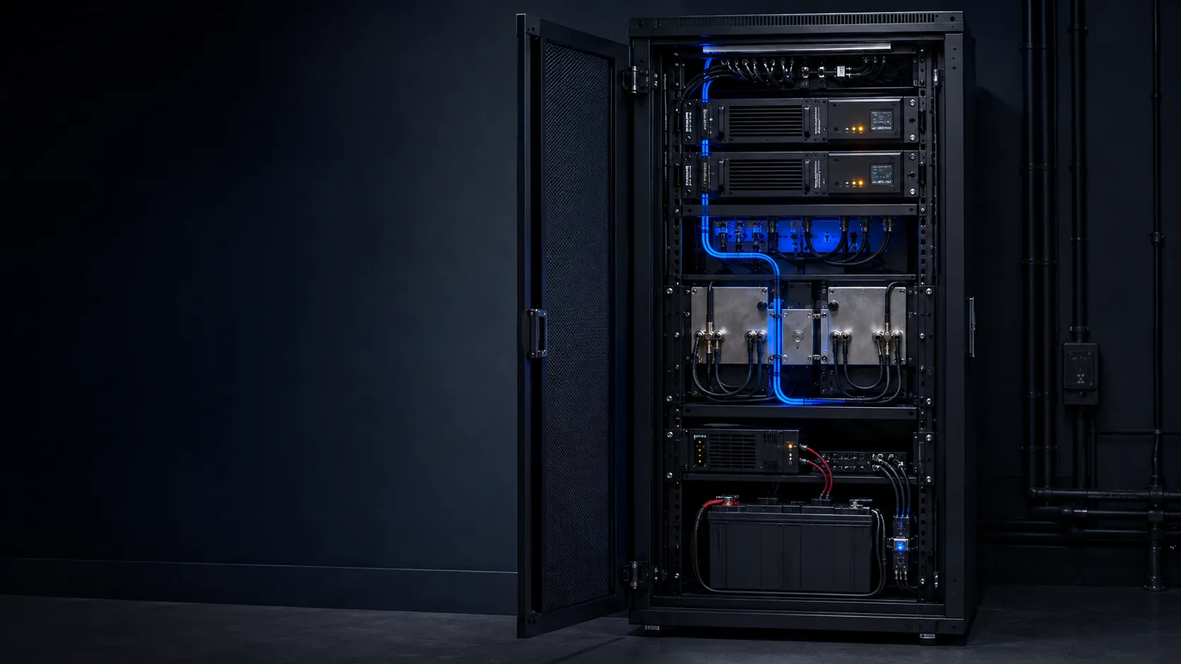 Purpose-built radio repeater rack with RF filtering, monitored power and backup batteries