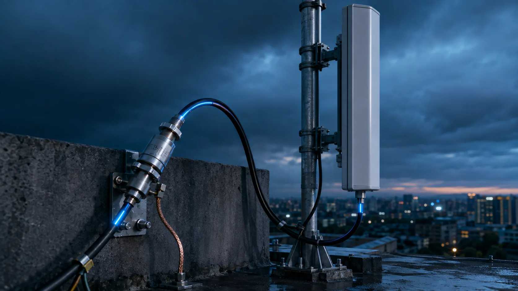 Weatherproof rooftop feeder, lightning protection and radio antenna installation