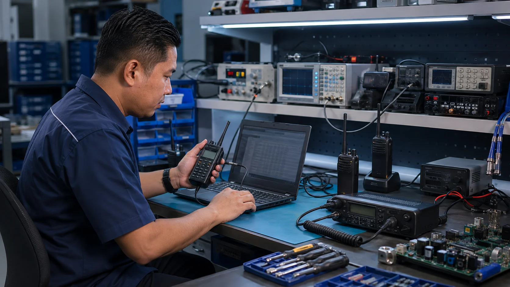 Radio support engineer programming equipment at a nationwide service bench