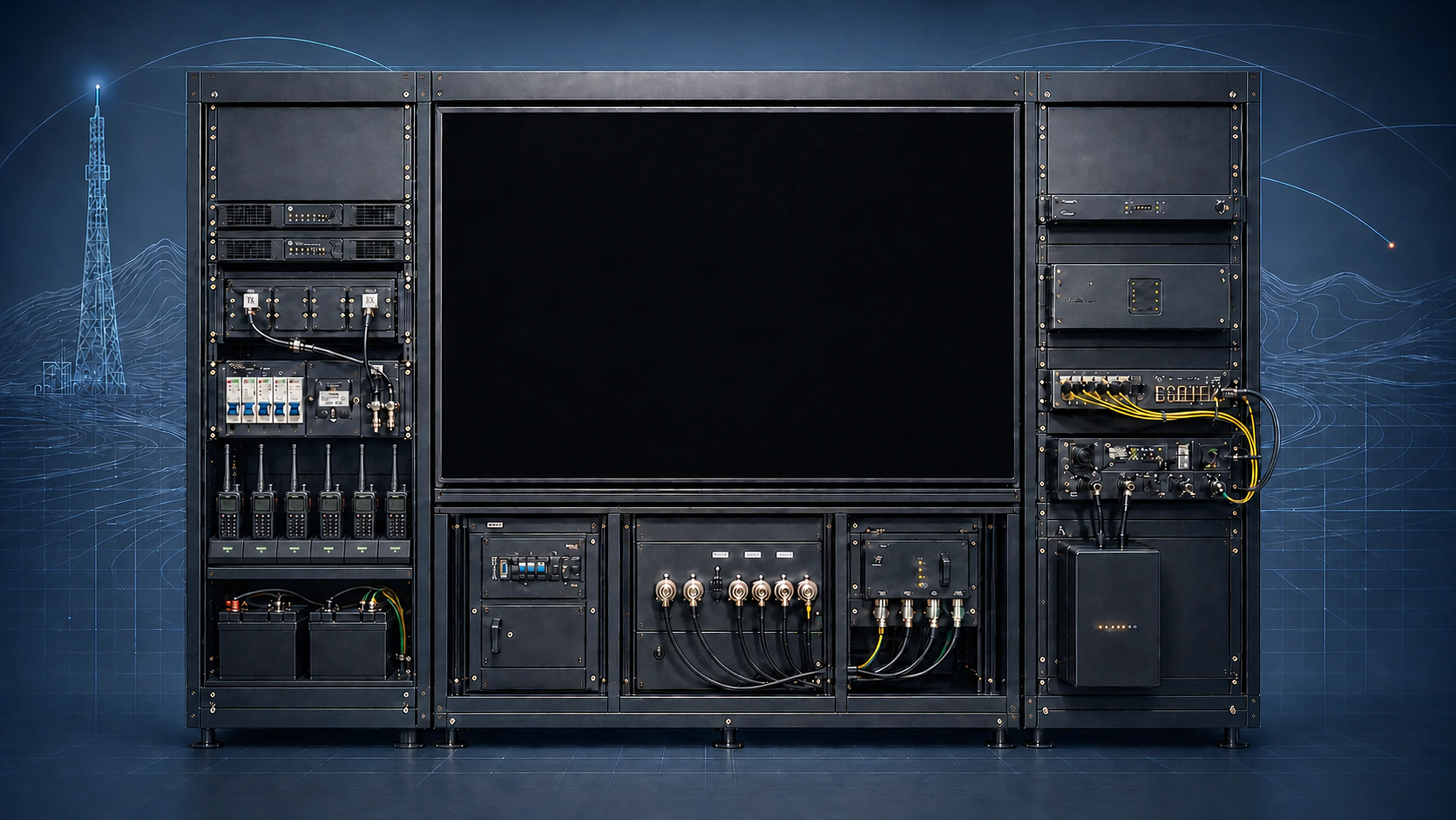 Front-facing Malaysian signal room with a walkie-talkie repeater, six-way radio charger, DC backup, RF distribution, alarm monitoring, a central monitor and an in-building BDA and DAS head-end