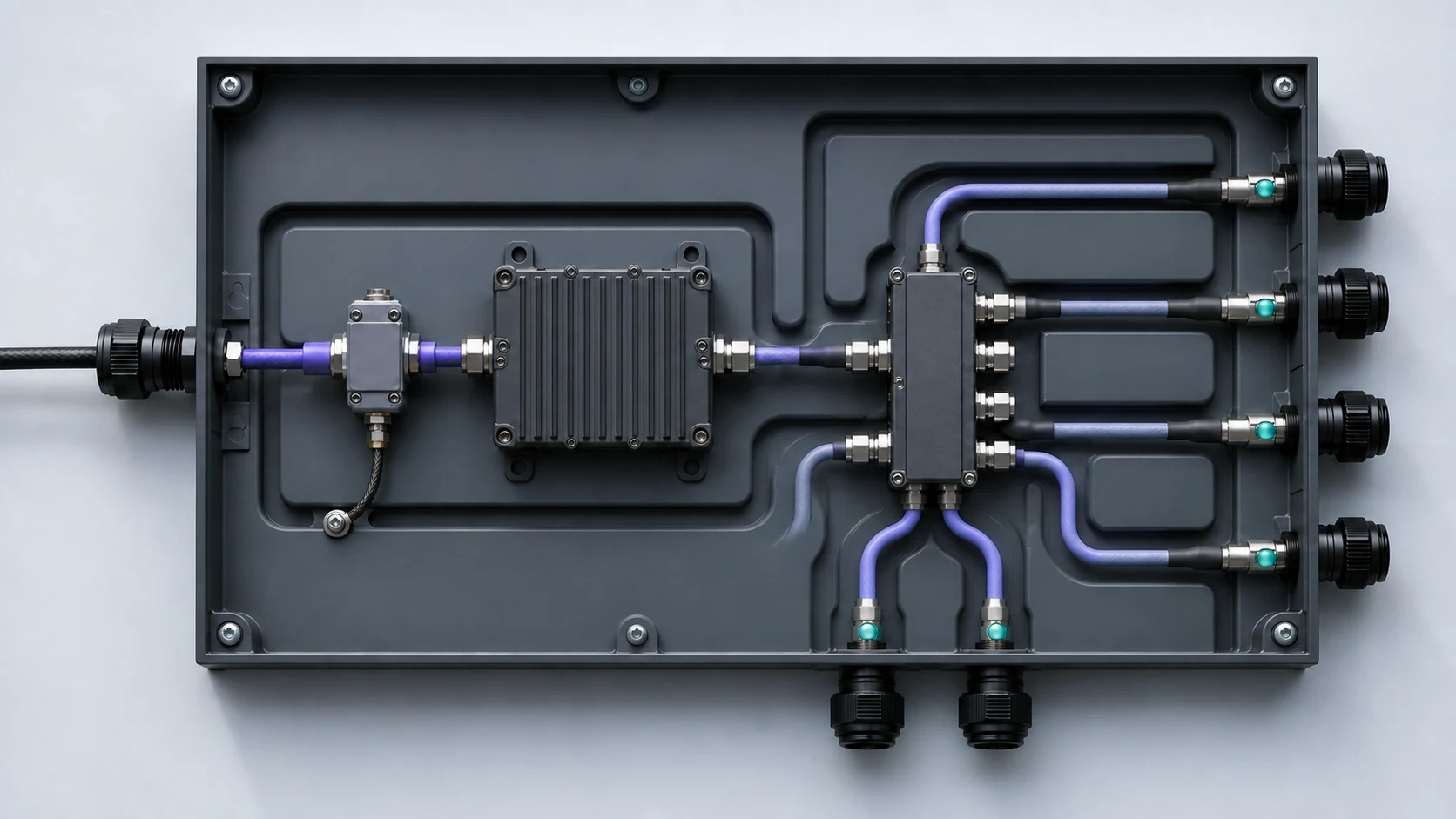 Open RF distribution panel with one protected source path and exactly six traceable feeder outputs