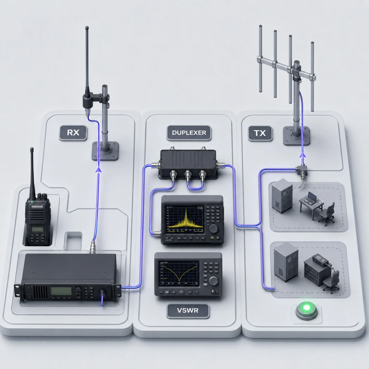 Soft UI commissioning board connecting a handheld radio, receive antenna, repeater, duplexer, VSWR test equipment and transmit antenna