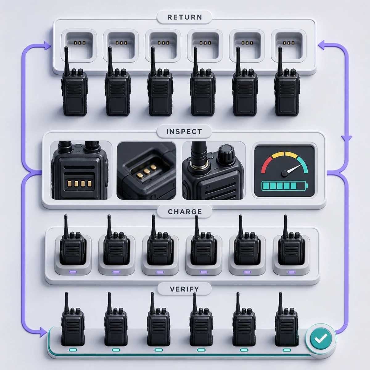 Soft UI readiness board showing exactly six radios moving through return, inspection, charging and verification