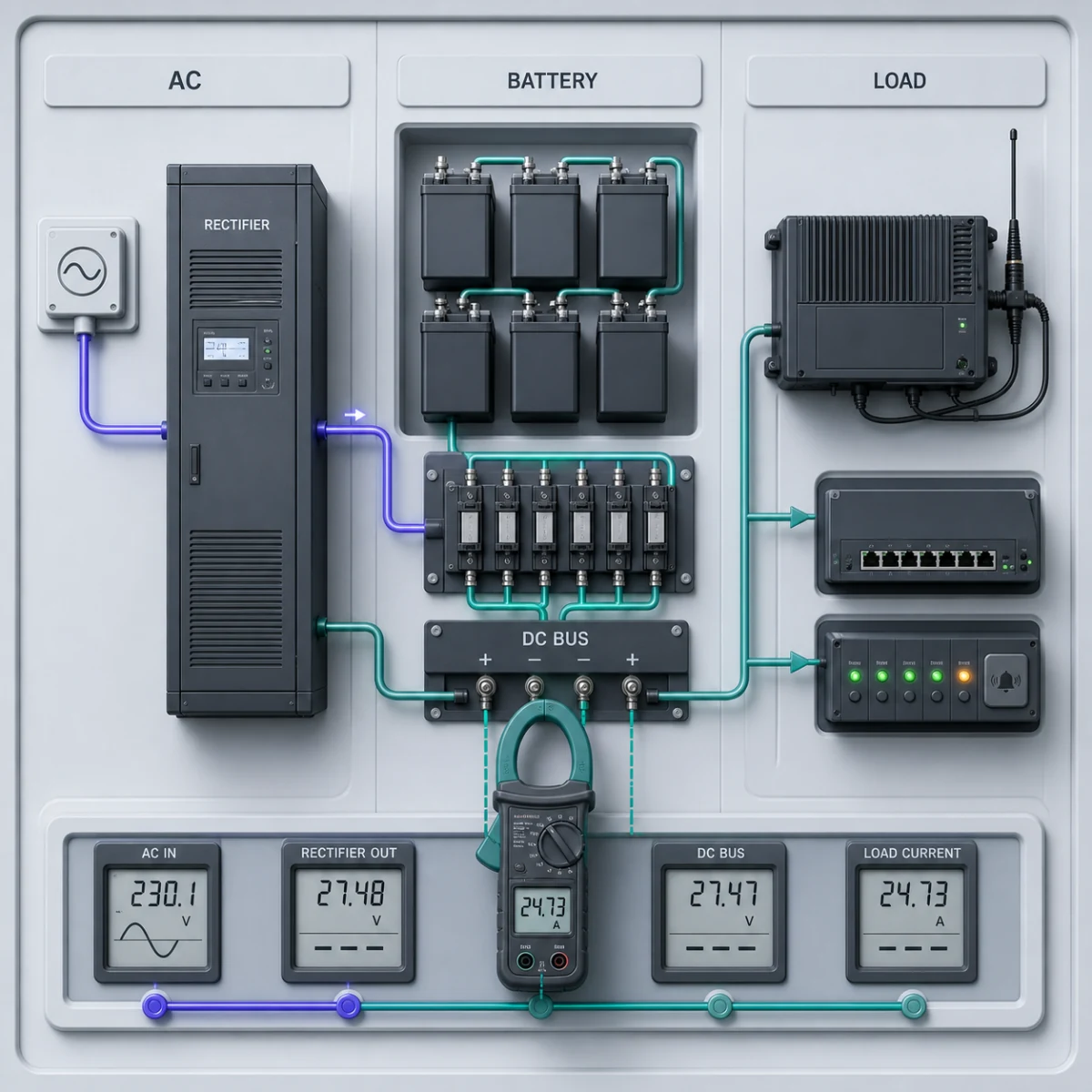 Soft UI DC commissioning board showing AC input, rectifier, battery reserve, fused DC bus, measured load and protected radio equipment