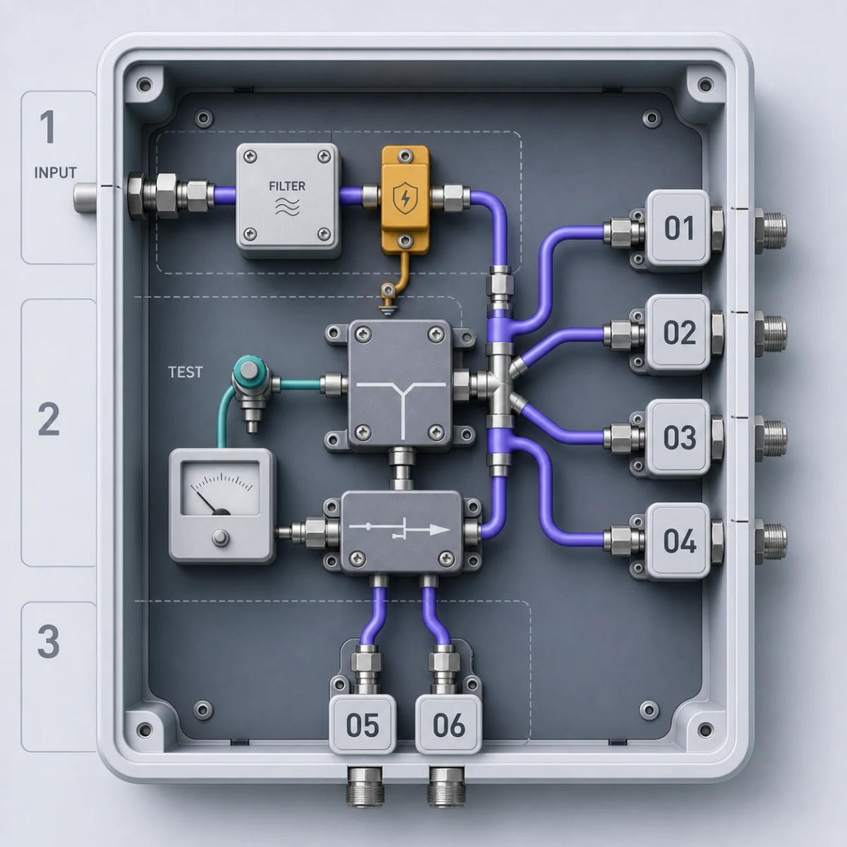 Soft UI RF distribution panel with conditioned input, test point and exactly six numbered feeder outputs
