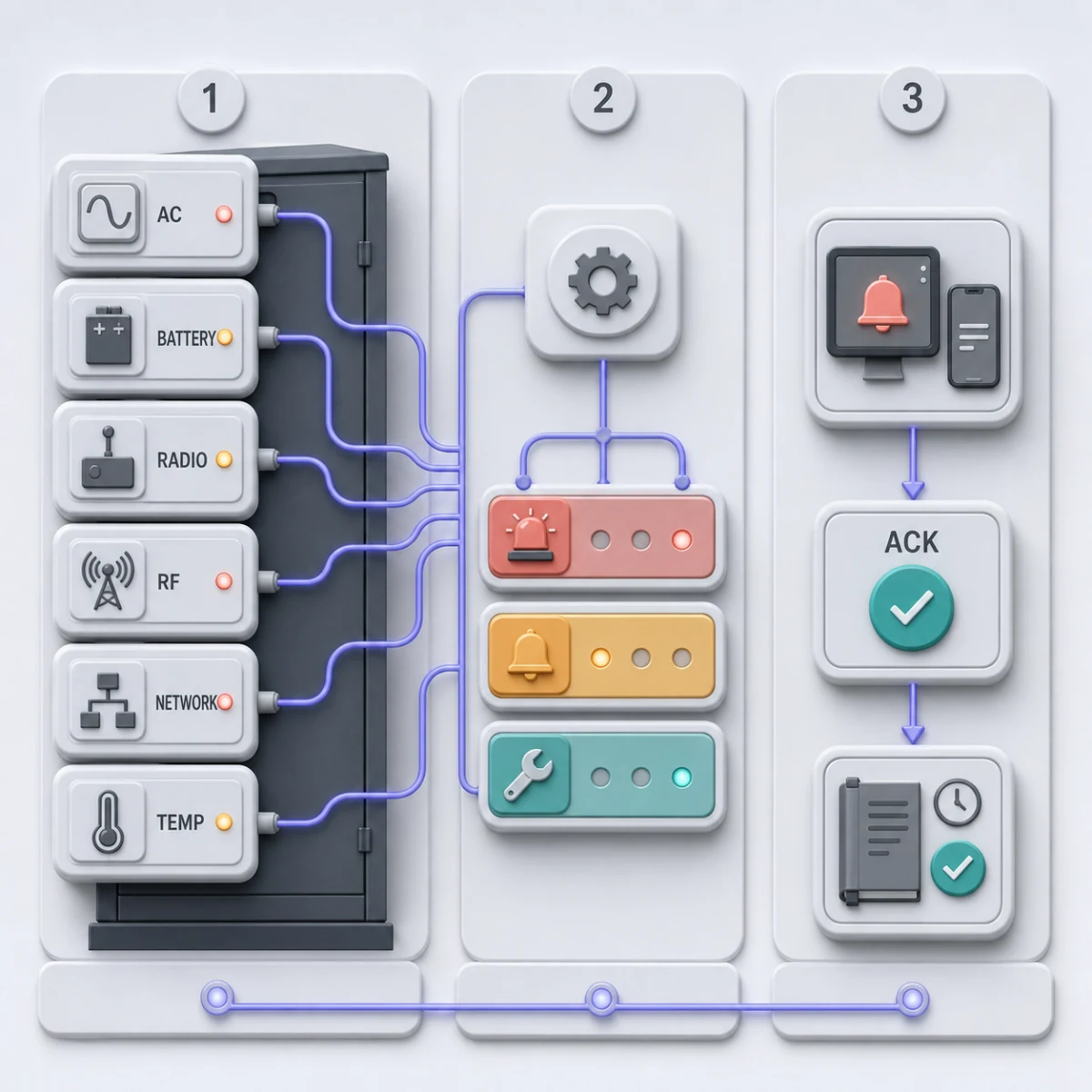 Soft UI alarm board routing six equipment conditions through priority lanes to notification, acknowledgement and restoration record