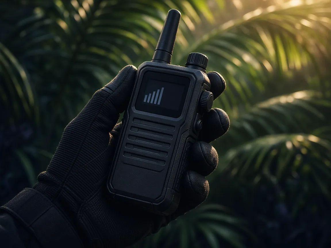 Illustration: gloved hand holding a rugged handset