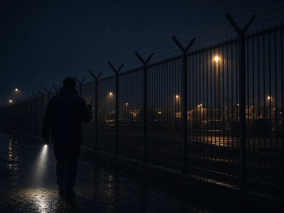 Illustration: guard at a perimeter fence in rain