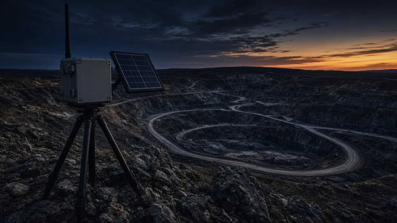 Illustration: relay node on a ridge above a quarry