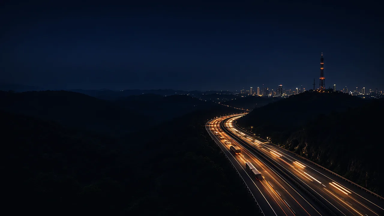 Illustration: highway at night with a mobile tower