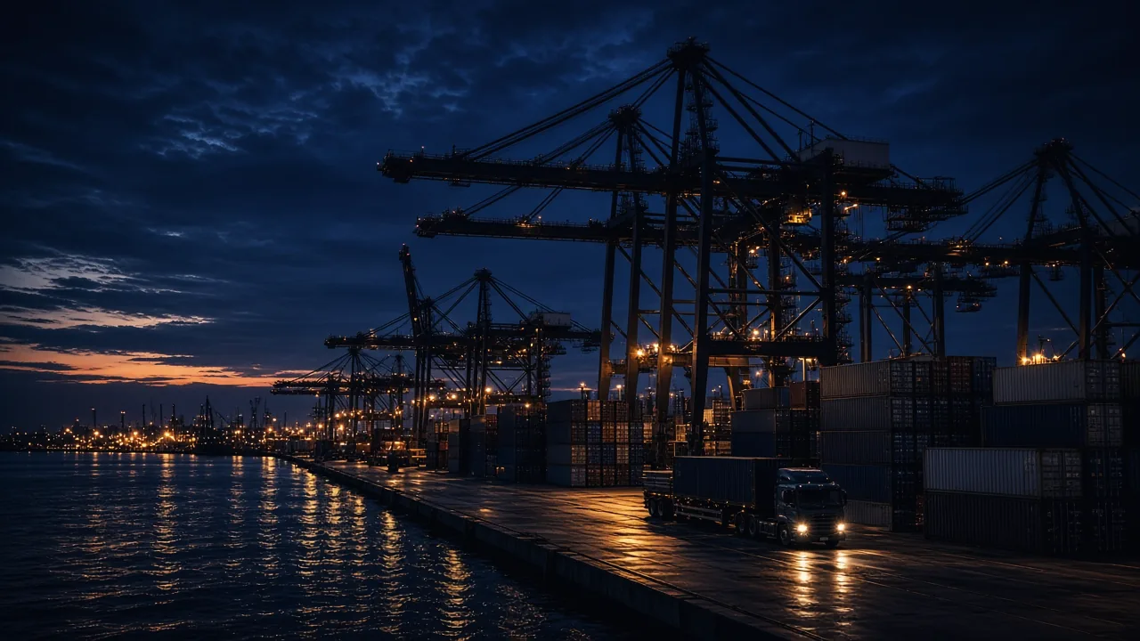 Illustration: container port at dusk